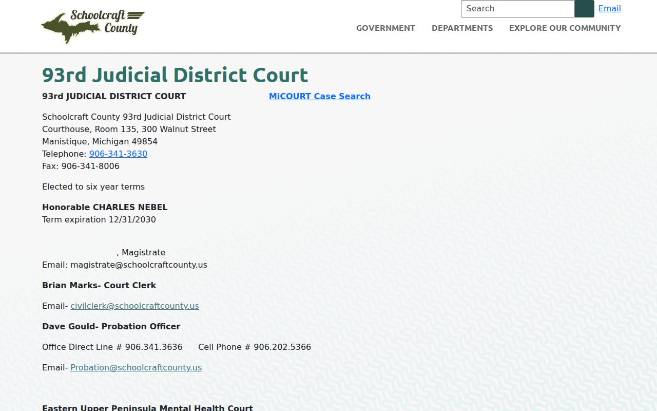 Schoolcraft County 93rd District Court warrant and case-access contact page