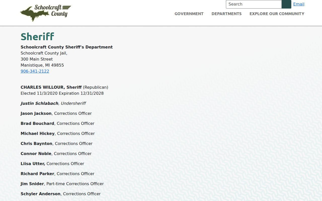 Schoolcraft County Sheriff’s Department booking-record contact page