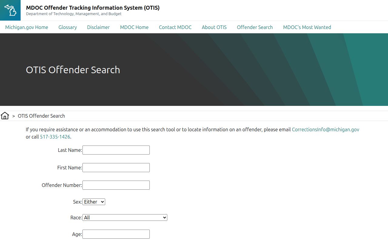 Michigan Department of Corrections OTIS offender photo and custody search form